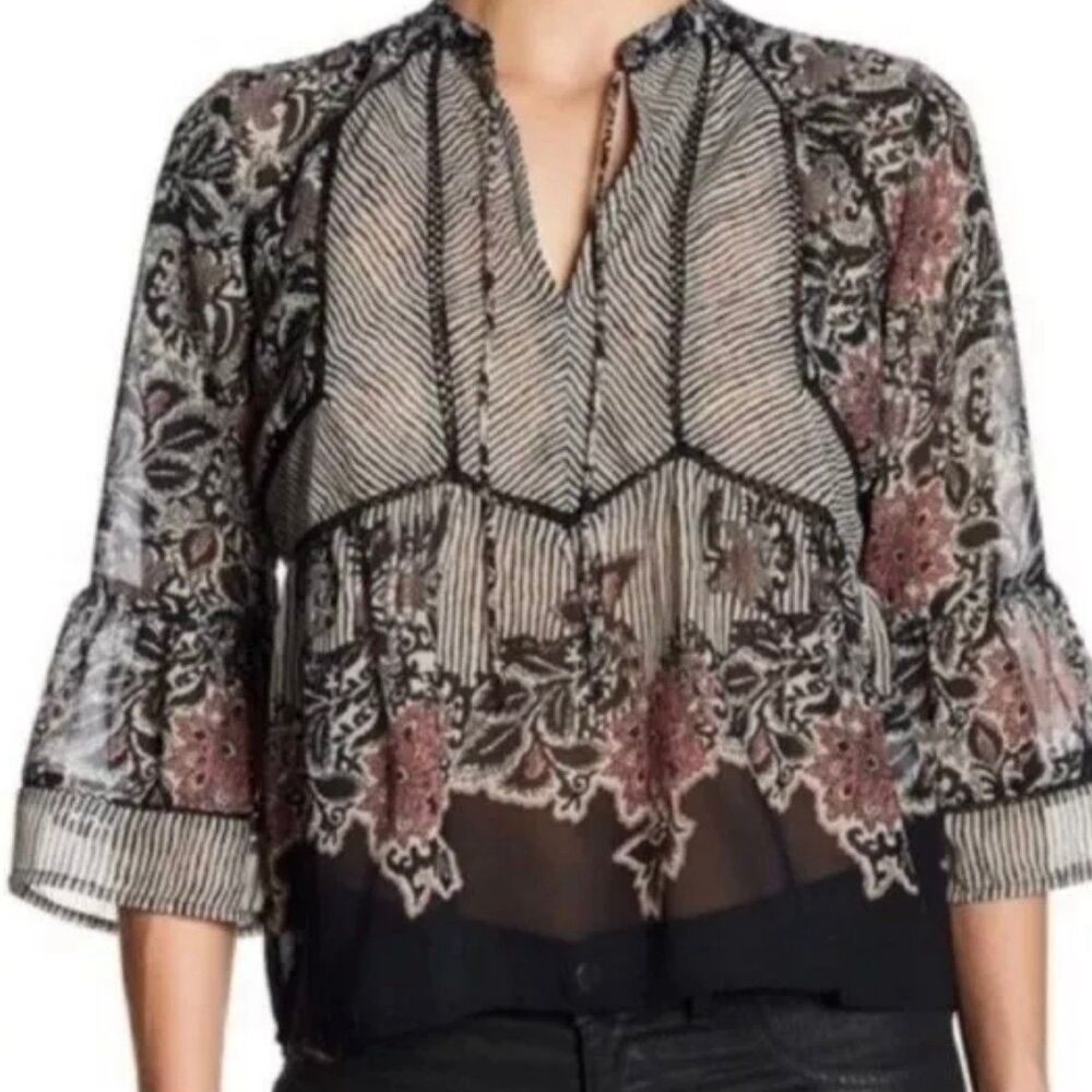 Lucky Brand Sheer Boho Floral Stripe Mix Print Bell Sleeves Front Tie Blouse S